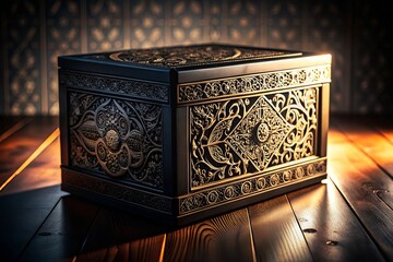 Elegant Black Game Box Silhouette Photography with Intricate Designs and Atmospheric Lighting for a Striking Visual Experience