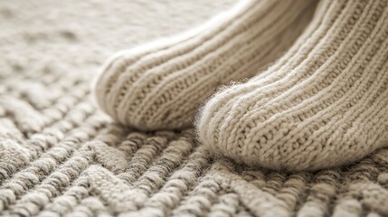 Cozy Knitted Socks on Warm Textured Blanket Winter Home Comfort