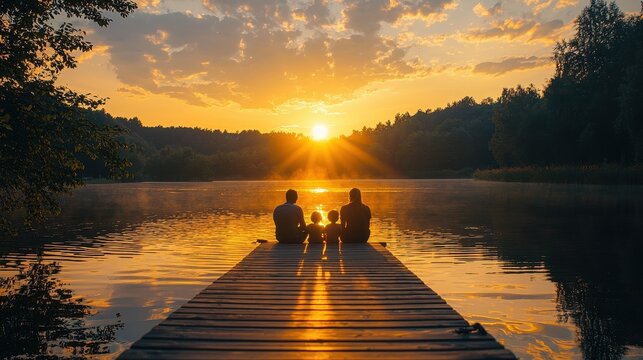 A family sitting on a dock at a peaceful lake during sunset, dipping their toes in the water. The golden light reflects off the lake, creating a serene and magical atmosphere. The moment emphasizes 