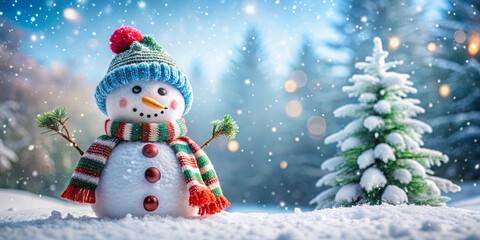 Fototapeta premium A joyful snowman with a colorful scarf and a knitted hat stands in a snowy landscape, surrounded by pine trees. Flurries of snowflakes drift down, creating a festive atmosphere