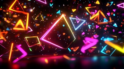 Vibrant neon shapes and sparkles float in dark space.