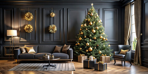 A beautifully arranged living room features a tall Christmas tree adorned with gold ornaments. Stylish furniture complements the festive atmosphere, enhancing the cozy ambiance