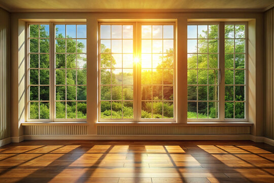 Sunlit room with large windows overlooking a lush green landscape.