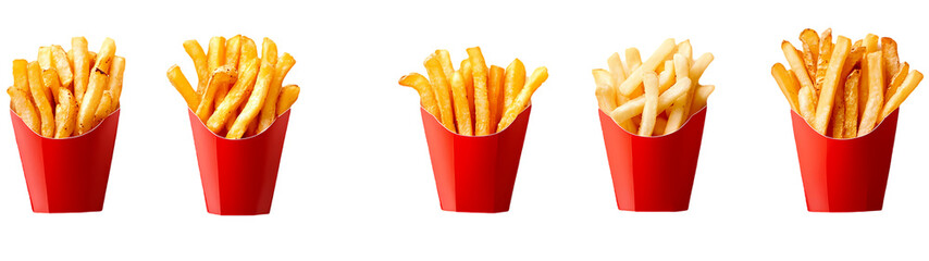 Vector Set of Potatoes French Fries in Red White Striped Craft Paper Carton Package Boxes Bags Isolated on background. Fast Food