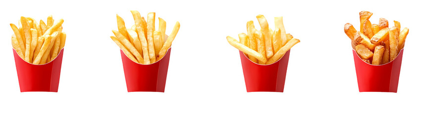 Vector Set of Potatoes French Fries in Red White Striped Craft Paper Carton Package Boxes Bags Isolated on background. Fast Food
