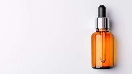 Fototapeta premium A photostock of a sleek glass dropper bottle with amber liquid, isolated on a clean white background, ideal for skincare or essential oils. High Quality