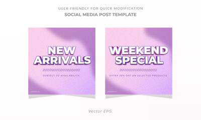 Collection set New Arrivals and Weekend Shopping day Sale discount deals Editable text with soft pink purple gradient grainy texture banner
