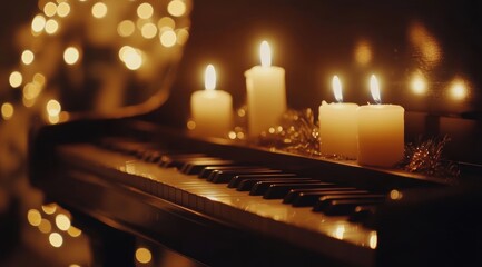 Festive Christmas background on piano , candles, and lights. The concept of music for the holiday season.