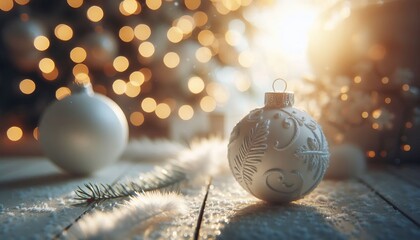White Christmas Ornament - Decorated Christmas Bauble Background with Space for Copy - Christmas Ornament with Christmas Tree - Holiday Diffused Bokeh Wallpaper - Snow, Mistletoe and Presents