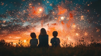 A family watching a fireworks display from a grassy hill, with colorful explosions lighting up the night sky. The kids cheer in amazement while the parents share a quiet smile. The magical moment 