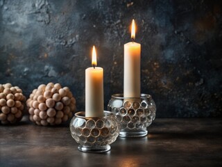 Elegant Bubble Taper Candle Holders with Burning Candles Against Dark Background for Interior Design Inspiration and Romantic Atmosphere