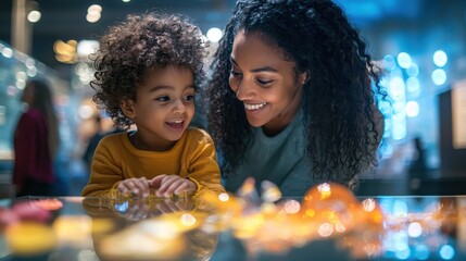 A mother and child exploring a science museum, interacting with hands-on exhibits and marveling at displays. The child’s eyes light up as the mother explains something fascinating. The scene 