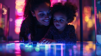 A mother and child exploring a science museum, interacting with hands-on exhibits and marveling at displays. The child’s eyes light up as the mother explains something fascinating. The scene 