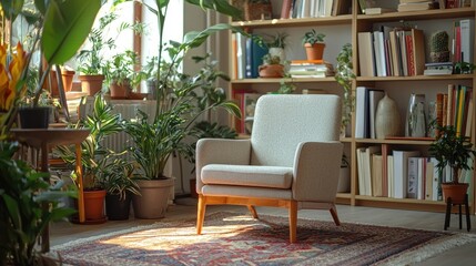 Obraz premium Cozy Living Room Armchair Plants Bookshelf Home Decor