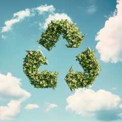 Obraz premium Recycling Symbol Formed by Lush Greenery Against a Serene Blue Sky with Fluffy White Clouds: A Stunning Visual Representation of Environmental Conservation and Sustainable Practices