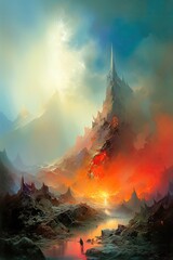 Dramatic Wall Art of a Flaming Spire in a Mystical Valley