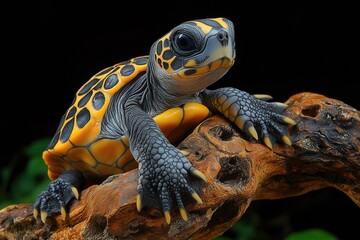 Detailed close-up of a colorful turtle on a textured branch against a dark background.