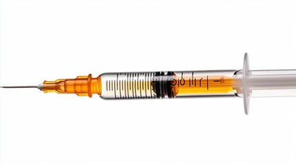 A photostock of a syringe filled with clear liquid, isolated on a clean white background, ideal for medical and healthcare themes. High Quality