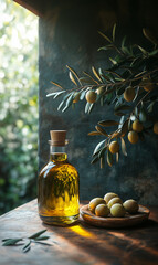 olive mediterranean oil next to some olives and leaves, natural sunlight