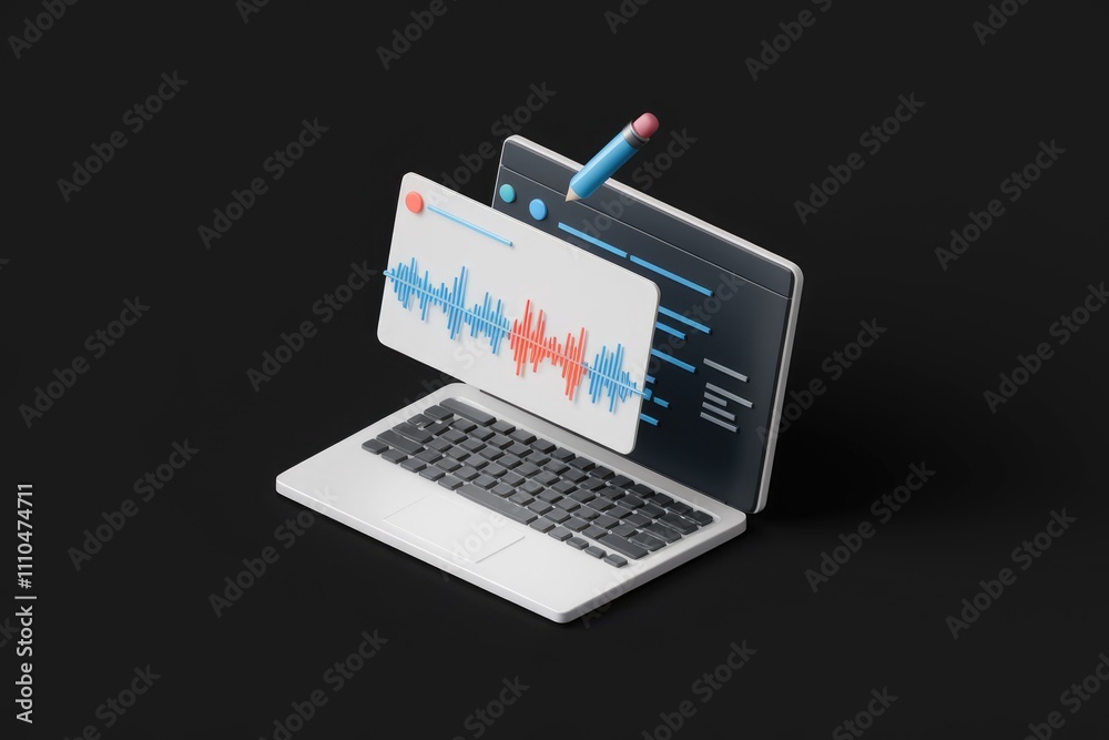 Poster Laptop screen displays audio waveform and code  symbolizing voice to text software.