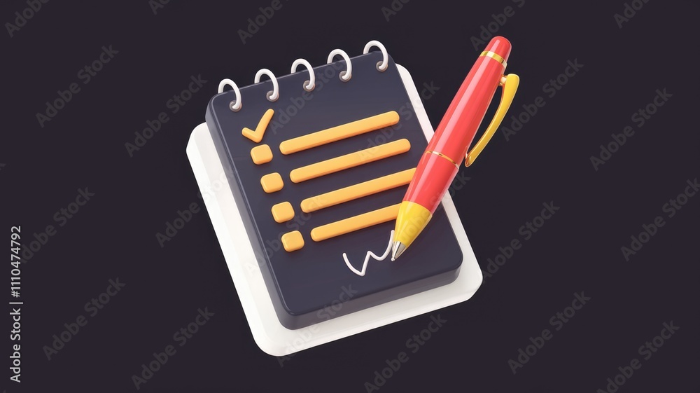 Poster 3D rendering of a notepad with checklist and pen  signifying task completion or planning.