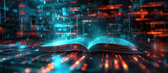Naklejka premium Glowing digital book floating in a futuristic cyber landscape with moving data streams virtual light and energy pulses representing the digital transformation of information