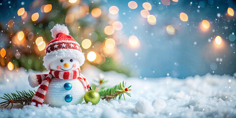 Fototapeta premium A cheerful snowman wearing a red and white striped scarf and a matching hat stands in soft white snow. Colorful lights twinkle in the background, enhancing the festive atmosphere during winter