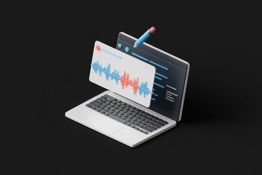 Laptop screen displays audio waveform and code  symbolizing voice to text software.