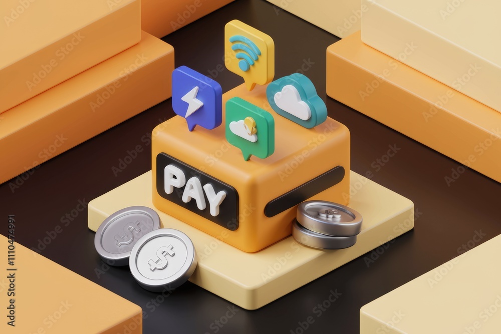 Aufkleber 3d illustration of digital payment system with cloud wi fi mobile.