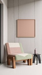 Generative AI, A Unique Modern Room with a Soft Pastel Palette, Textured Concrete Walls, and a Sculptural Lounge Chair for a Balanced Aesthetic