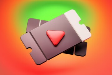 Two dark colored tickets with a red play button symbol  suggesting video access or event entry.