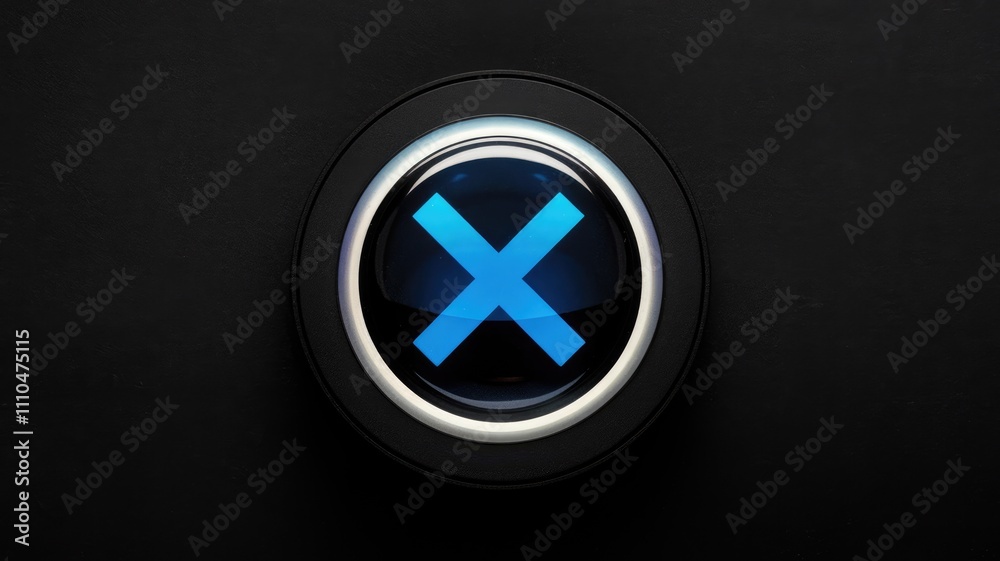 Poster a sleek dark button with a glowing blue x symbolizing cancellation or negation.