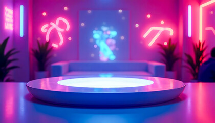 Empty futuristic glowing podium for presentation of your products in neon-lit room, surrounded by plants and modern decor. Perfect for tech product launches, gaming events or trendy branding campaigns