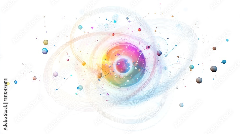 Poster a digital representation of quantum particles orbiting around a nucleus with energy levels displayed