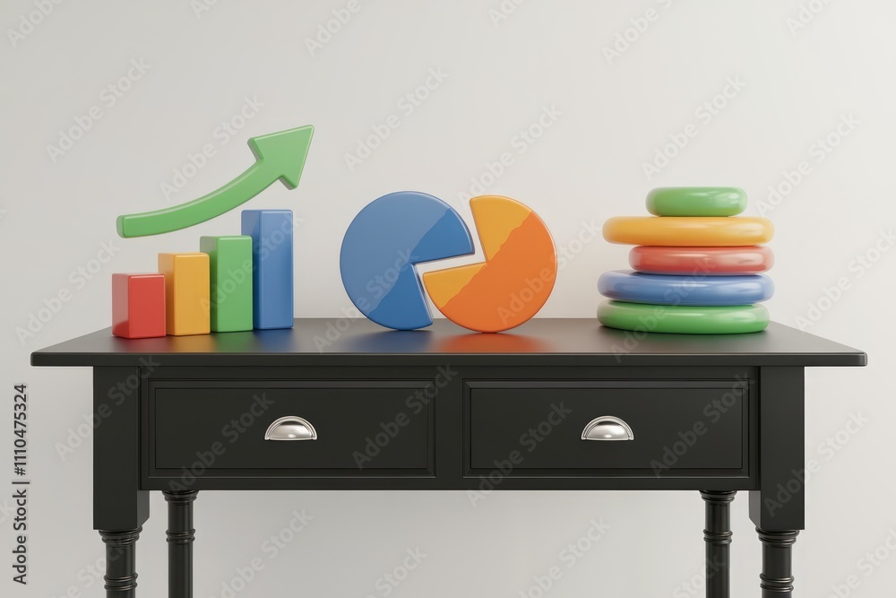 Poster Colorful charts and graph showing upward trend  stacked rings on a black table.
