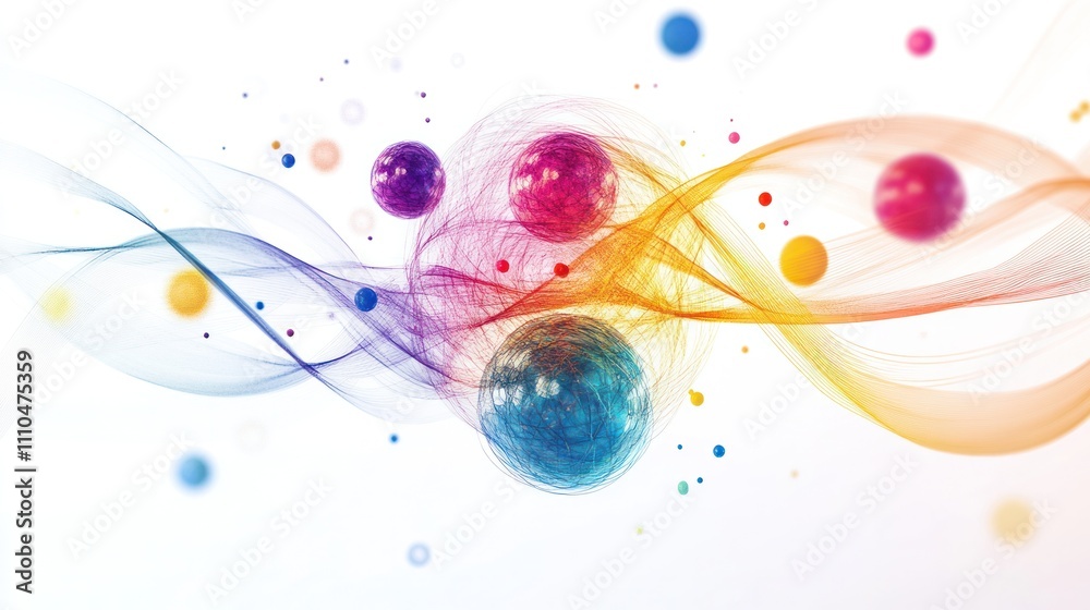 Poster a digital representation of quantum particles orbiting around a nucleus with energy levels displayed