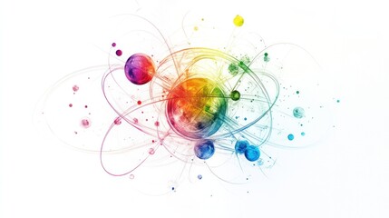 A digital representation of quantum particles orbiting around a nucleus with energy levels displayed as colorful orbits,