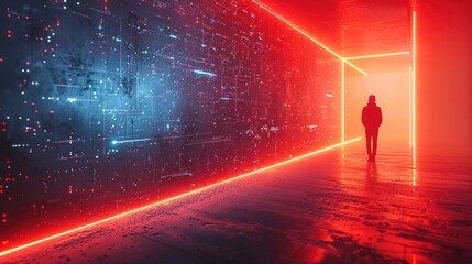Solitary silhouetted figure walking through a futuristic neon lit corridor or hallway with dramatic glowing red and blue lights  This surreal cyberpunk inspired scene creates a captivating