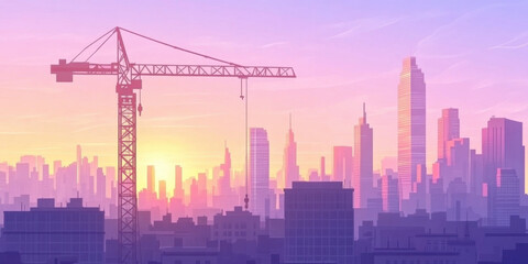 Coming up. A vibrant city skyline at sunset featuring a construction crane, symbolizing urban development and growth.