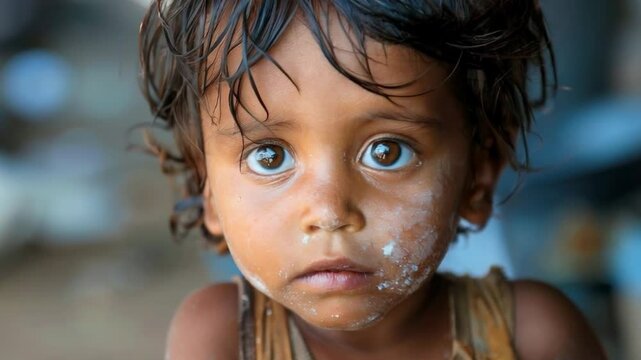 A young girl, with sad eyes and dirty face, hints at poverty. The image portrays her in hardship, lacking basic necessities like clean water.