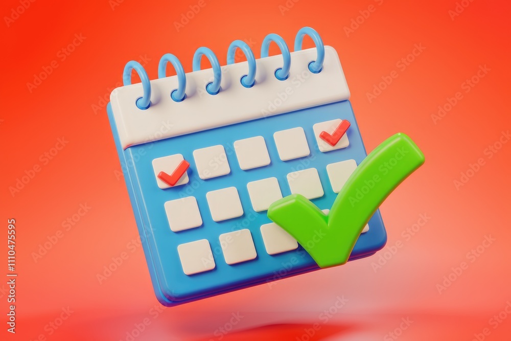 Poster A 3D rendering of a calendar with checkmarks  symbolizing task completion and scheduling.