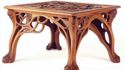 Intricate carved wooden coffee table with Art Nouveau design.