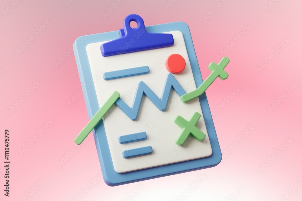 Poster 3D clipboard with data analysis graphs and symbols.