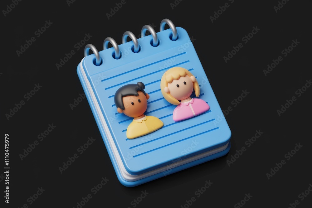 Poster A 3D render of a notepad with two cartoon figures representing a contact list.
