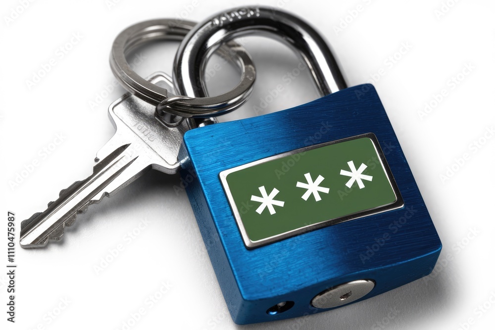 Poster a blue padlock with a key and asterisks symbolizing password protection.