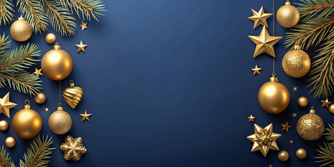Fototapeta premium Golden ornaments and stars are elegantly arranged with fresh pine branches against a deep blue background, capturing the essence of holiday spirit and joy