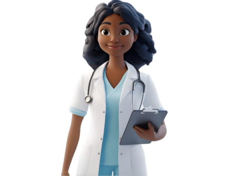 3D cartoon-style illustration of a Black female doctor
