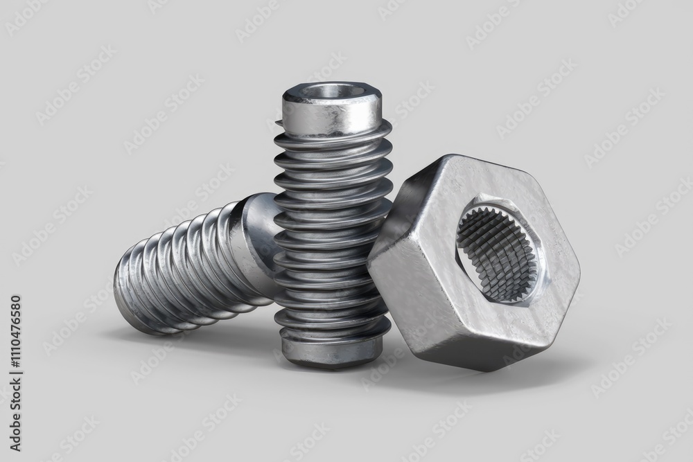 Poster close up of two metallic screws and a nut showcasing intricate details and textures.