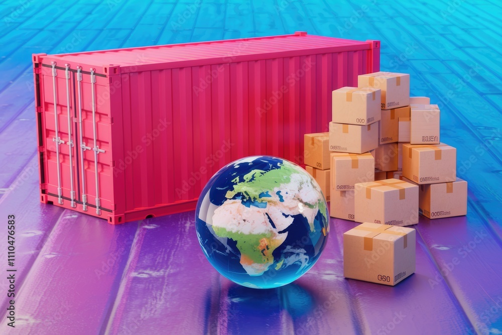 Poster global shipping and logistics concept with cargo container and globe.