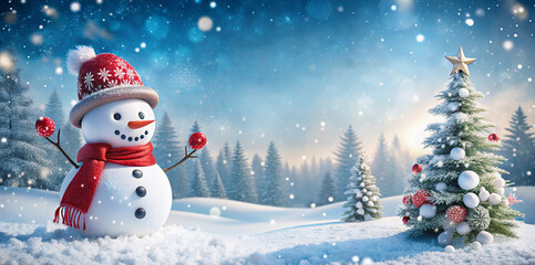 Fototapeta premium A cheerful snowman wearing a red scarf and hat is posing joyfully next to a beautifully decorated Christmas tree in a winter wonderland. Snowflakes fall gently